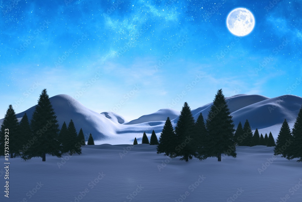 Obraz premium Flat design showing evergreen trees glowing under full moon as stars are twinkling over snow hills