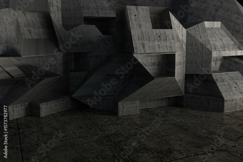 Concrete modular blocks are forming prisms on floor tiles in 3D render space casting deep shadows