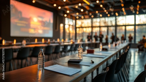 Wallpaper Mural A spacious conference room with a long table set for a meeting, featuring water bottles and a large screen displaying a presentation at sunset. Torontodigital.ca