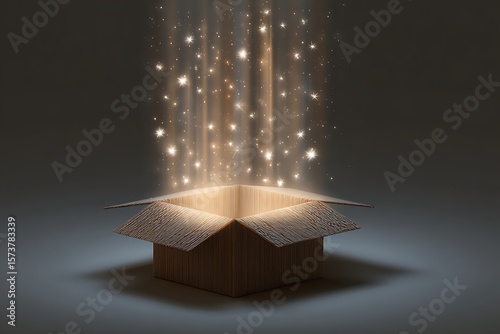 Open cardboard box releasing magical golden light particles and starbursts into a dark background