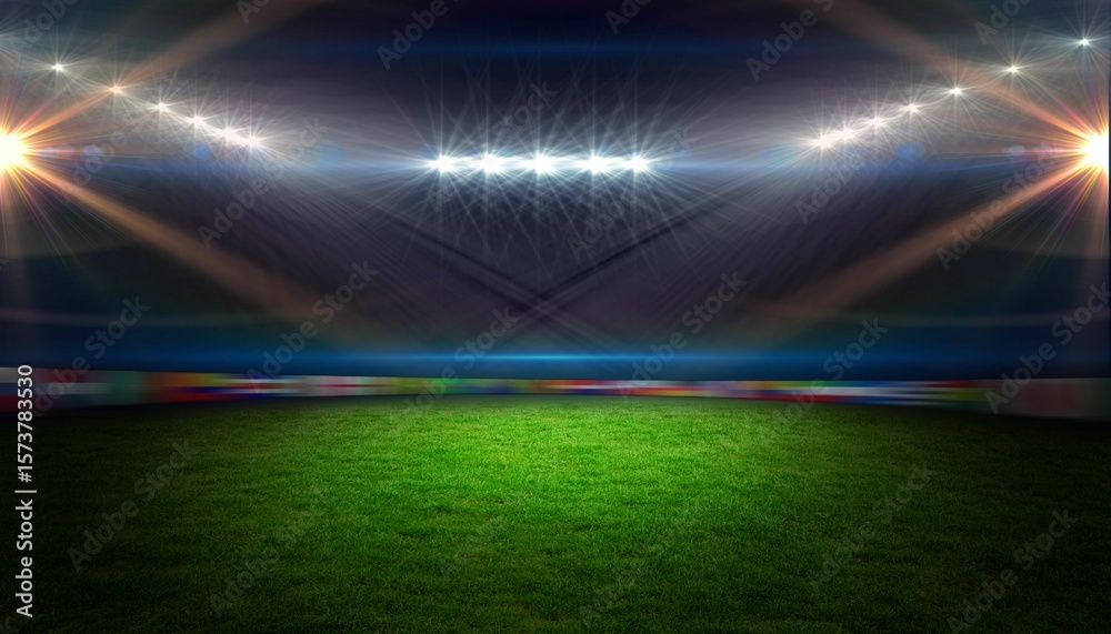 Obraz premium Empty grass pitch is being shown in flat style stadium with floodlight flares and banner ads