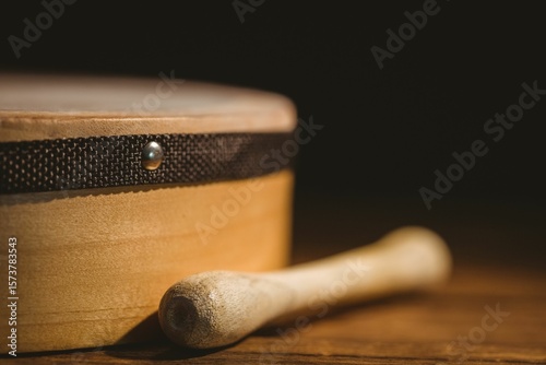 Close-up of wooden stick by bodhran