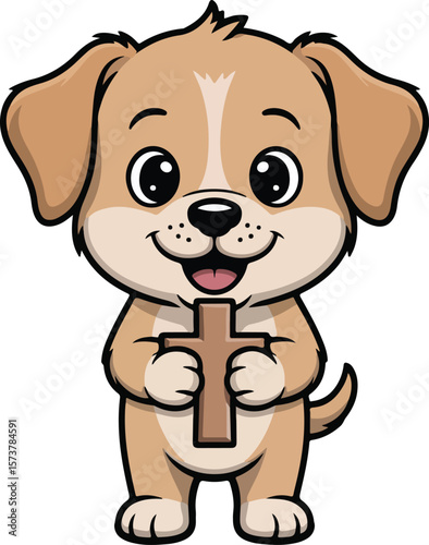 A cute puppy happily holding a wooden cross  transparent vector png 