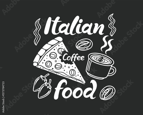A stylized, white on black graphic design showcasing Italian food.