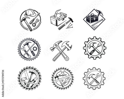 This set of six vintage-style logos features various hand tools, including hammers, wrenches, screwdrivers, and a toolbox.