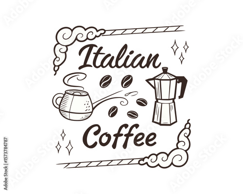 This black and white graphic design features a stylized illustration of Italian coffee brewing equipment, coffee beans, and decorative elements
