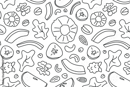 Flat cartoon vector pattern in black and white with dried fruits, nuts and seeds. Healthy snack theme, clean eating, nutrition, vegan food, natural ingredients, almond, dried banana, crunchy chickpea