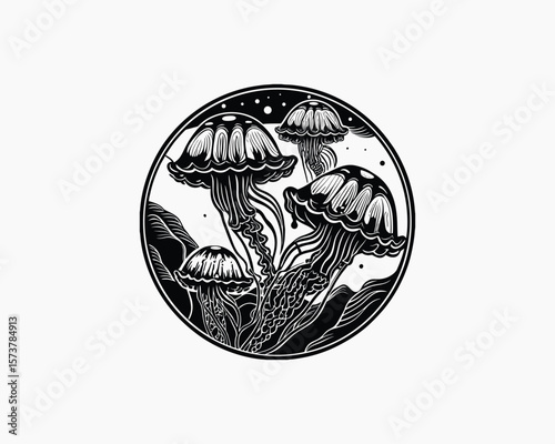 This stylized black and white illustration showcases three jellyfish in a circular underwater scene