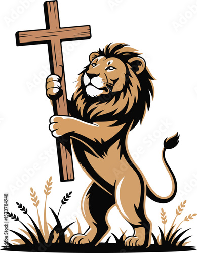 A majestic lion holding a wooden cross transparent vector png 
