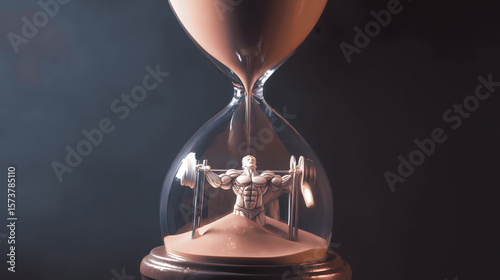 Melting hourglass with sand forming muscular arms, depicting time's paradoxical strength.
