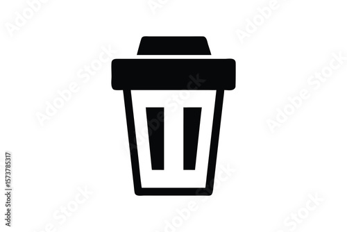 Simple black and white icon of a trash can or waste bin with a lid representing disposal and recycling