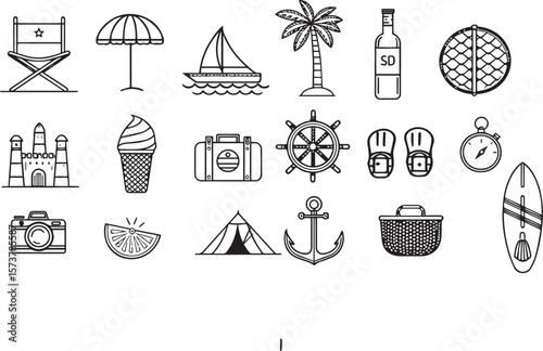 Summer Beach and Nautical Vacation Icons – Outdoor Travel, Tropical Adventure, and Ocean Leisure Vector Set