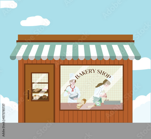 Bakery Shop Illustration with Cooks and Display