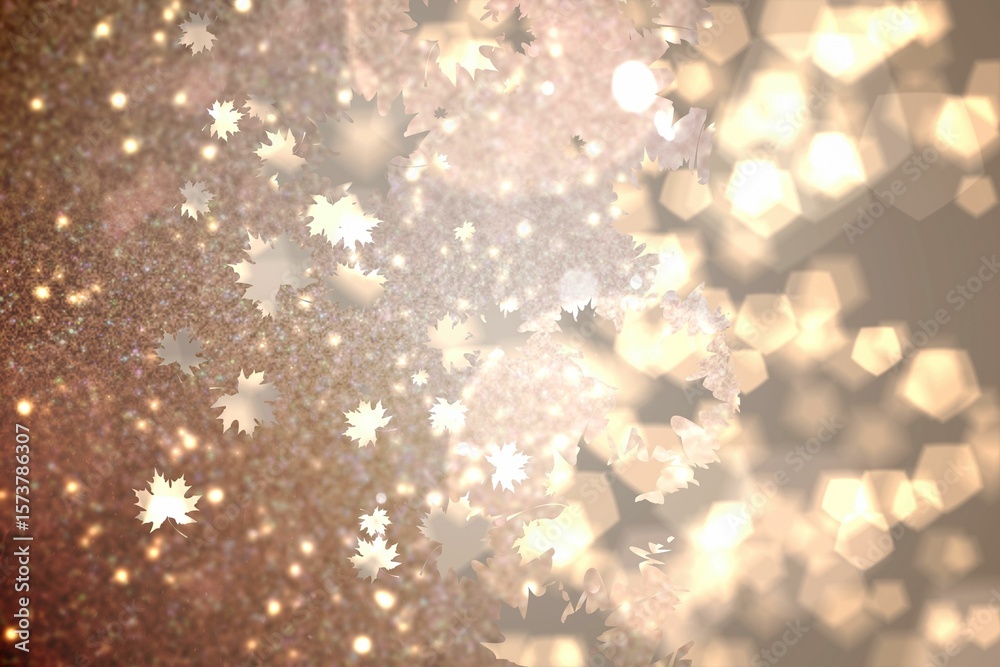 Obraz premium Displaying diagonal maple leaves over golden glitter beige hexagonal bokeh with glowing points