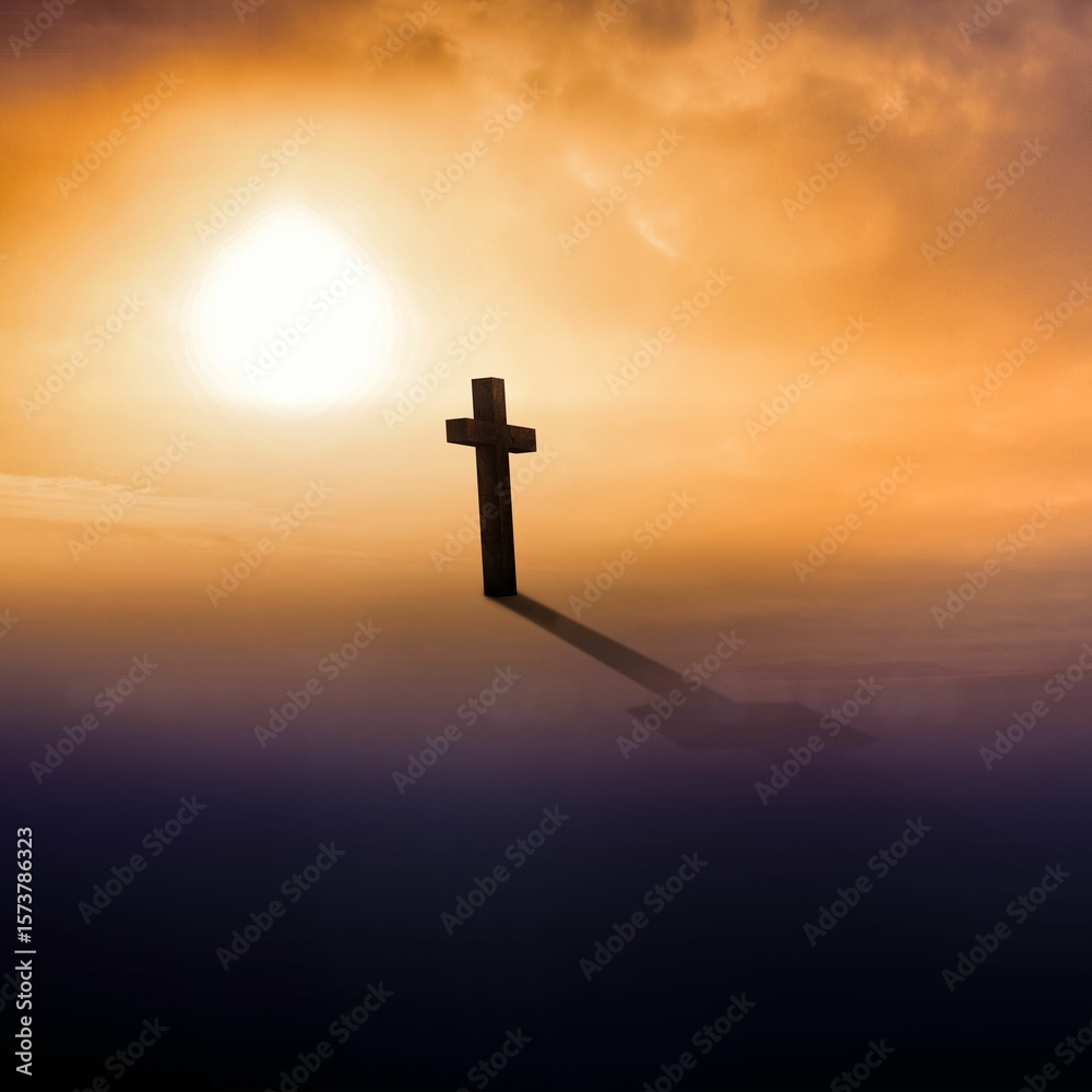 Obraz premium Cross religion symbol shape over sunset sky