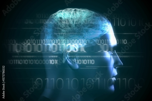 Brain interface in blue with binary code