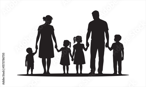 Parent and Child Holding Hands Silhouette – Family Bonding Vector Illustration in Black and White