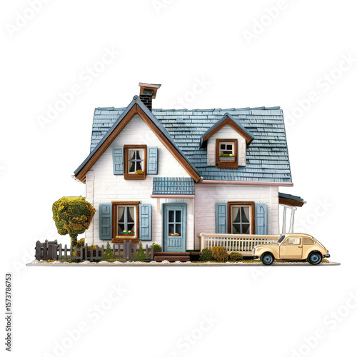 Cute, pastel-colored house with small car
