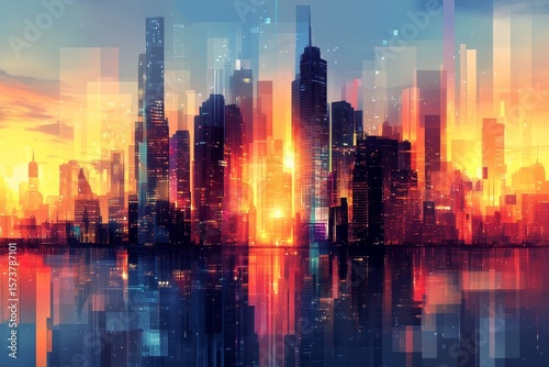Geometric abstract cityscape, ideal for holiday and vacation concept backgrounds, Generative AI