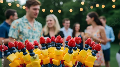 Fruit skewers at a backyard gathering