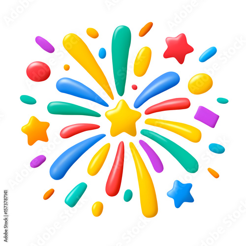 3D glossy plastic colorful firework burst icon with stars and spark shapes for celebration, party decoration, festive event, birthday, new year, or holiday background element in vibrant style
