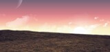 Grassy hill is stretching in flat design with gradient sky showing sun disk and moon orb