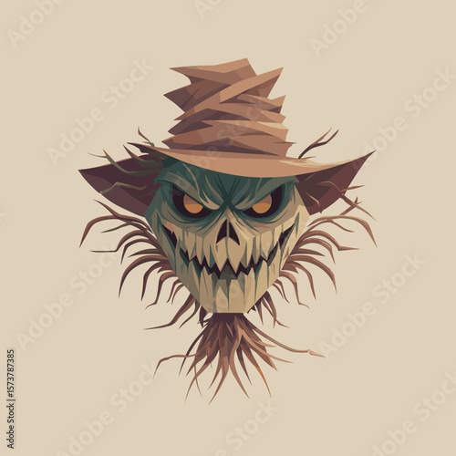 Scary Evil Scarecrow face vector illustration. Horror concept