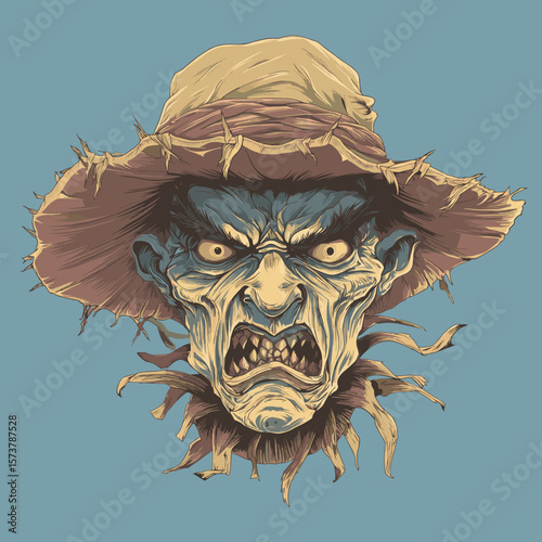 Scary Evil Scarecrow face vector illustration. Horror concept