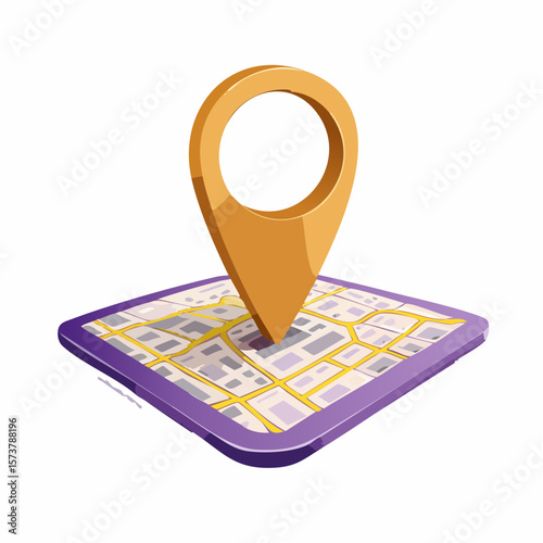 3D Location pin map element. Navigation point. Beige marker on purple place. GPS navigator. City street roads.