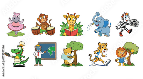 Ten cartoon animals engaged in various activities hippo