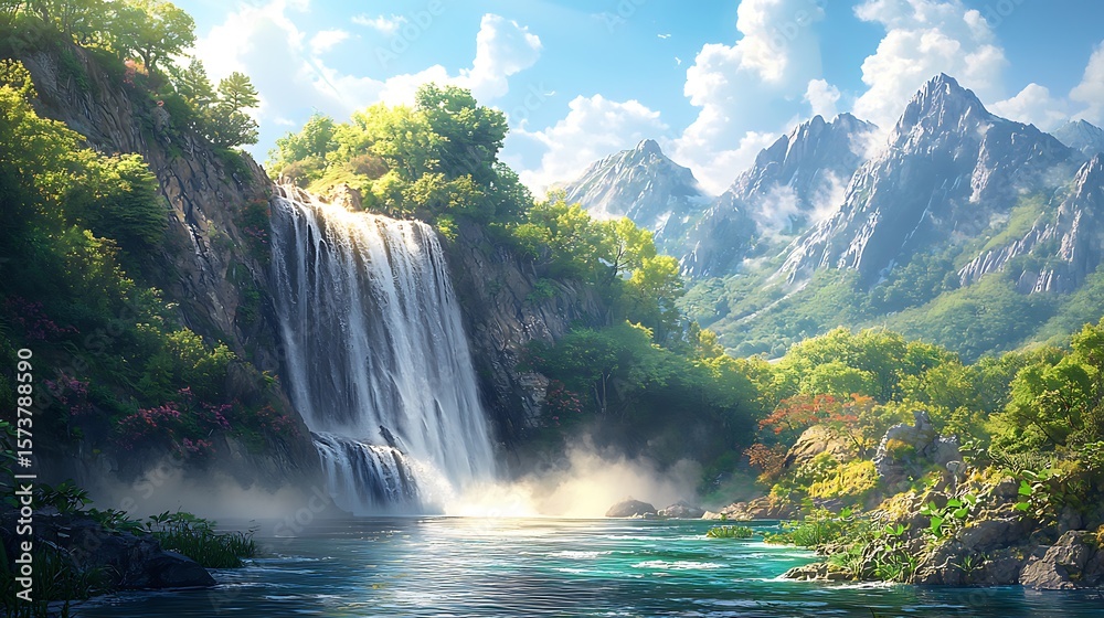 Fototapeta premium Lush green jungle surrounds vibrant waterfall high resolution picture