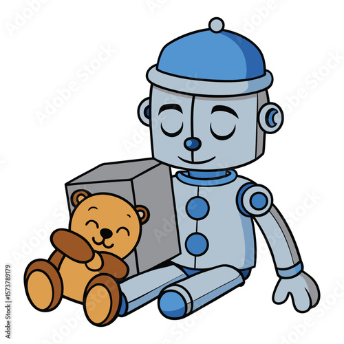 Friendly robot and teddy bear sitting together friendship