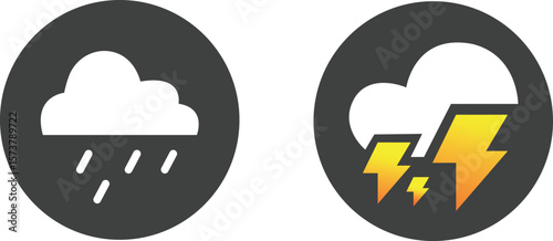 Weather Forecast Icons for Rain and Thunderstorms, Cloud with Rain Drops and Lightning Symbol for Storm Alerts and Severe Weather Conditions. Vector Illustration