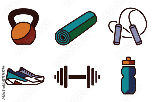 Fitness Equipment Icons: Kettlebell, Yoga Mat, Jump Rope, Sneakers, Dumbbells, Water Bottle – Pixel Art Graphics