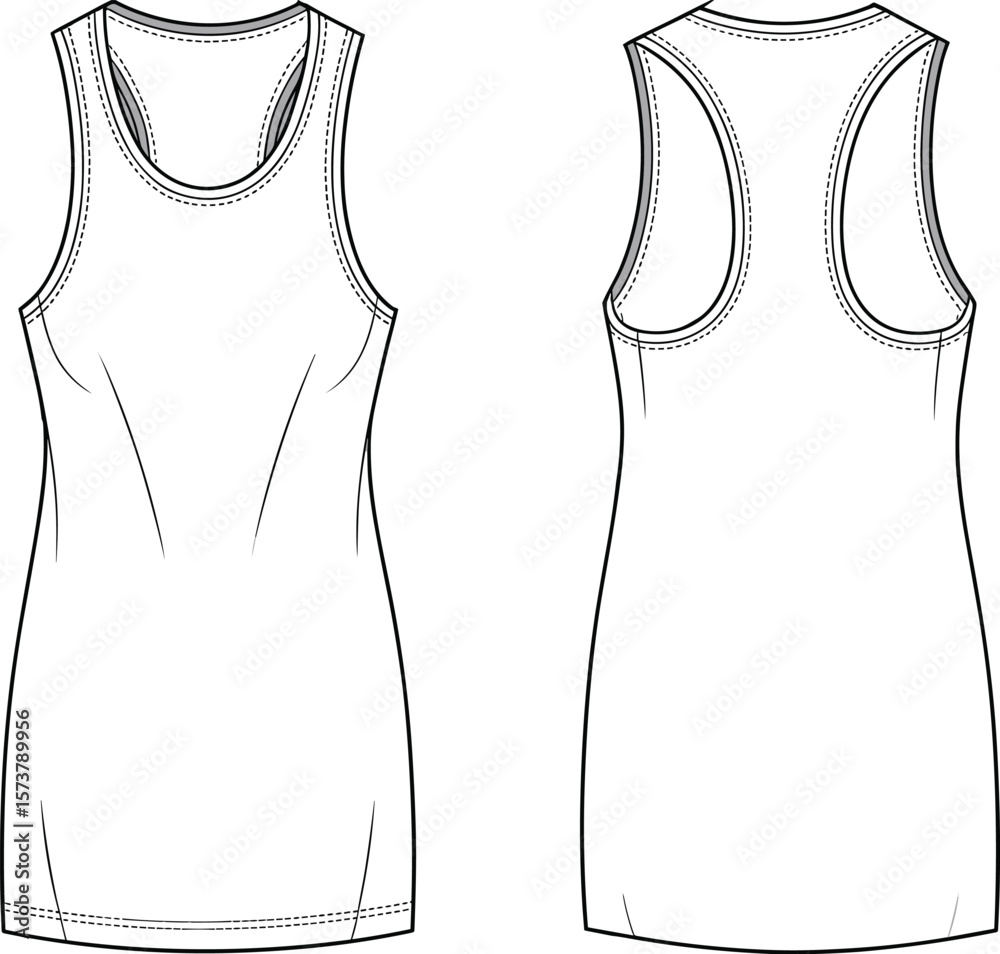 Women's Racerback Tank Dress Technical Fashion Flat Sketch, Sleeveless Mini Length Design, Blank Apparel Template for Customization, Front and Back Views. Women's Racerback Tank Dress Technical Fashion Flat Sketch, Sleeveless Mini Length Design, Blank Apparel Template for Customization, Front and Back Views.