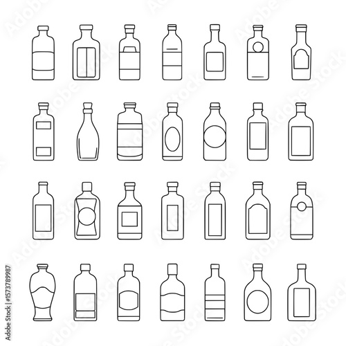 Collection of outline bottle icons, representing various container shapes for liquids like beverages, spirits, or other products.