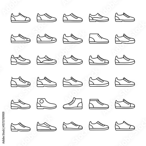 Collection of outline shoe icons, showcasing various styles of footwear for fashion, sports, and casual wear.