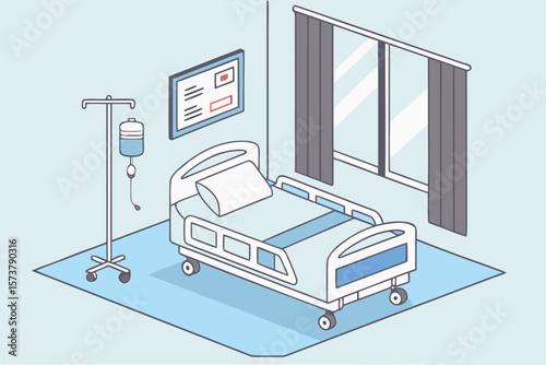 Isometric Hospital Room with Bed I V Drip and Window