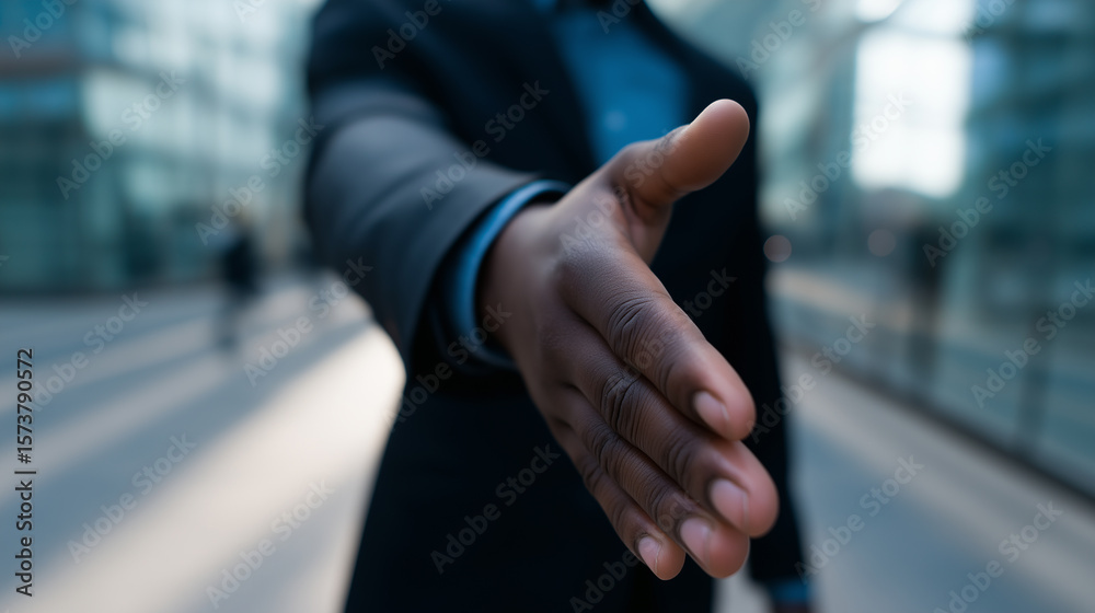 Fototapeta premium Businessman reaching out for a handshake in a modern glass office corridor, symbolizing agreement or welcome. 