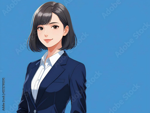 ビジネススーツと白い襟付きシャツを着た若いビジネスウーマンのイラストです。優しい笑顔で、自信に満ちた楽観的な表情を浮かべています。