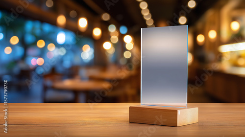 Blank acrylic menu or sign holder on a table in a modern restaurant with people in the background.
