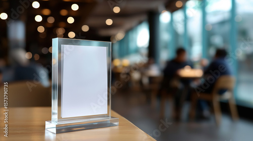 Blank acrylic menu or sign holder on a table in a modern restaurant with people in the background.
