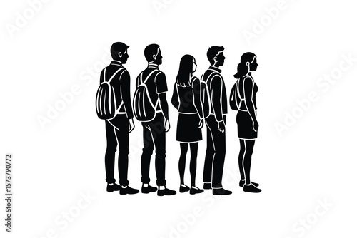 Group of Students Standing Together with Backpacks in a Silhouette Style silhouette