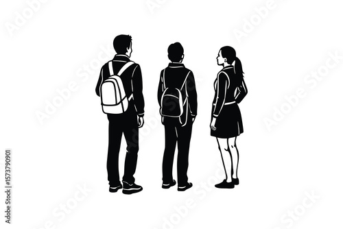 Three Students Standing Together with Backpacks in Black and White Silhouette