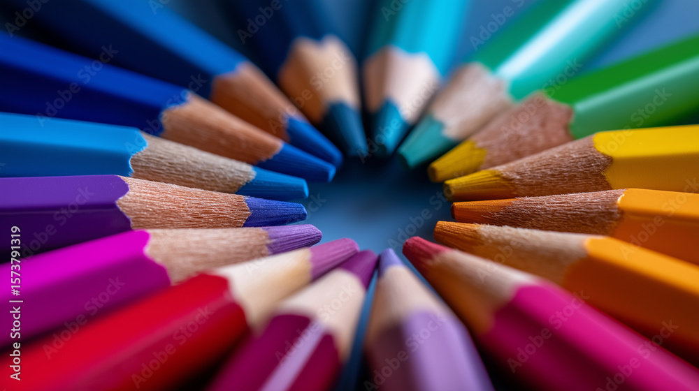 Obraz premium Arrangement of colorful sharpened pencils forming a circle on a white surface.