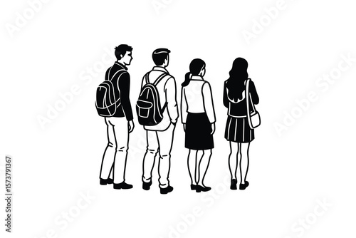 Group of Students Walking Away Together in a Simple Black and White Silhouette