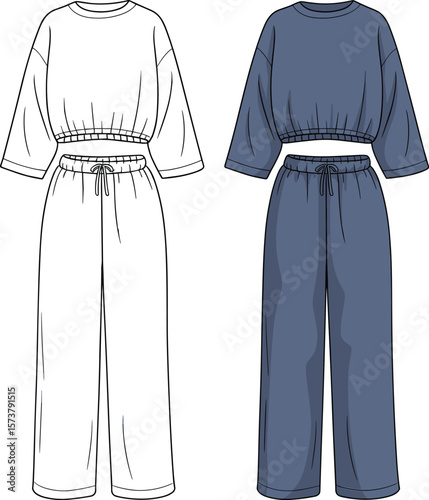 Women's Cropped Top and Wide-Leg Pants Lounge Set Technical Fashion Flat Sketch, Customizable Apparel Template for Design, Blank and Colored Views.