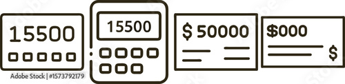 Financial Transaction Icons: Calculator, Checks, and Digital Display of 15500 and 50000 Dollars