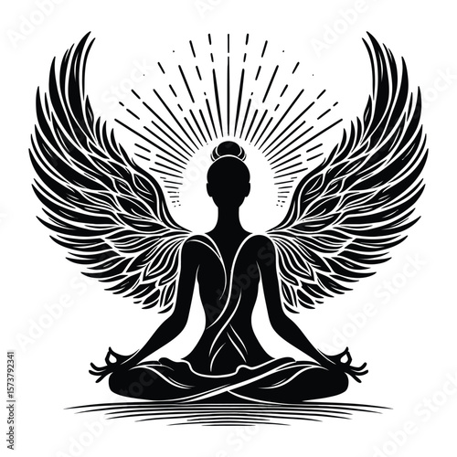 Silhouette of a woman in eagle pose with wings and sunburst