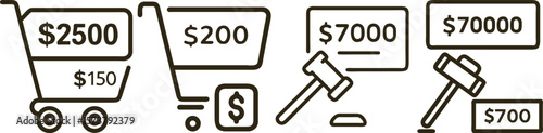 Online Shopping Cart with Various Prices, Auction Gavel and Bids, E-commerce and Sales Concept Illustration